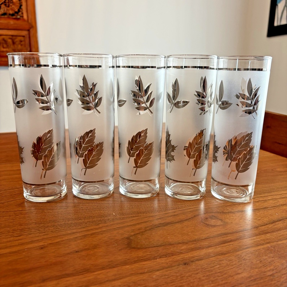 5 Vintage Libbey Highball Glasses Silver Gold Leaf Frosted MCM Barware Set